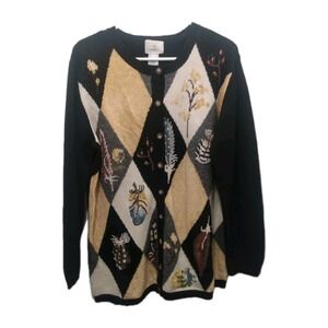 Vtg 1997 Susan Bristol Cardigan Sz L Cottagecore Hand Embroidered Feather Floral